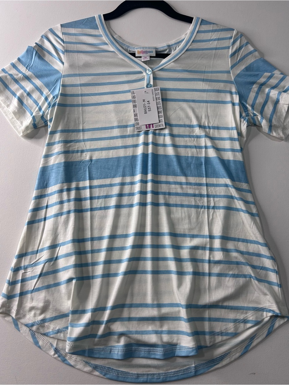 NWT Lularoe Medium Bailey Light Blue Striped Button V-Neck Short Sleeve T-Shirt